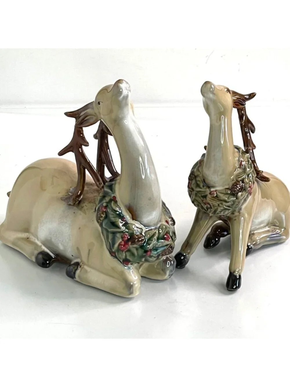 Vintage Ceramic Reindeer Figurines Tii Collection Pristine 2pc Set Resting Deer
